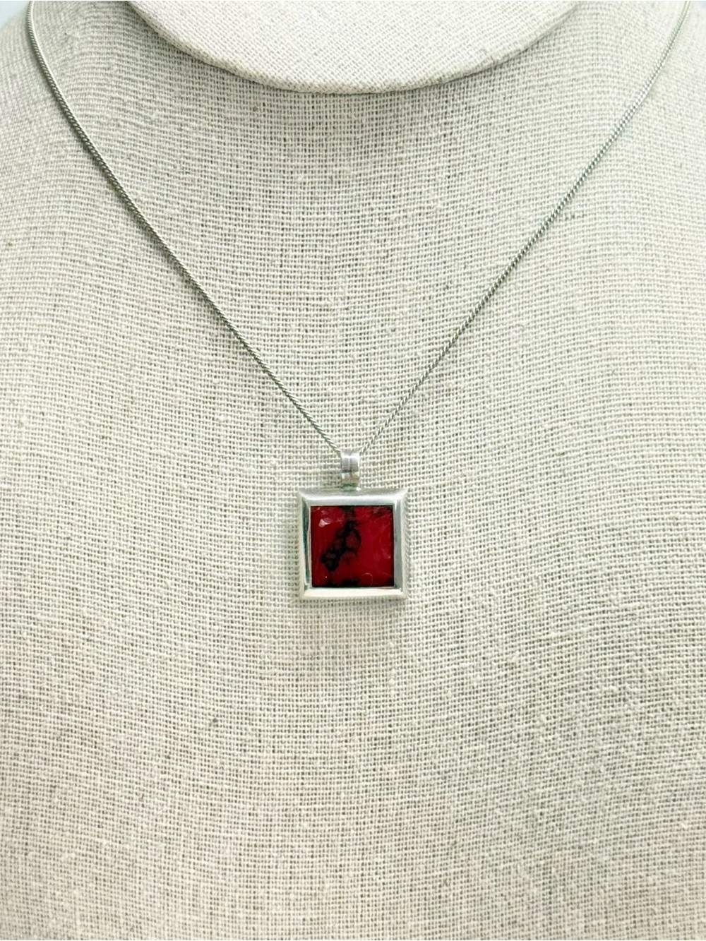 Sterling silver red jasper square pendant necklace